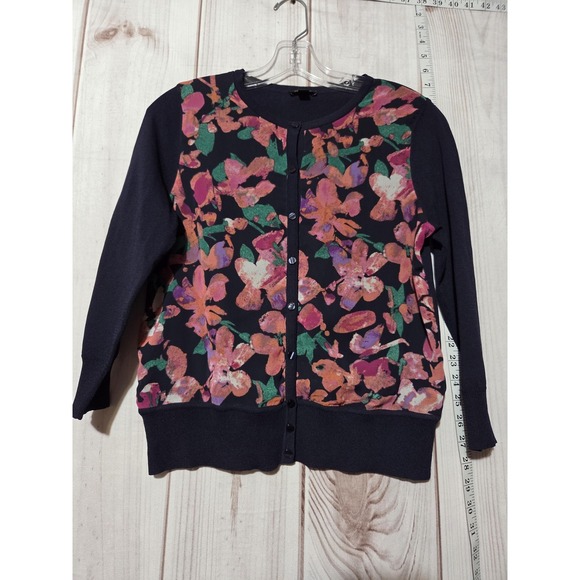 Ann Taylor Sweater Womens Small Navy Blue Floral Cardigan Button Front Light Top - Picture 1 of 7